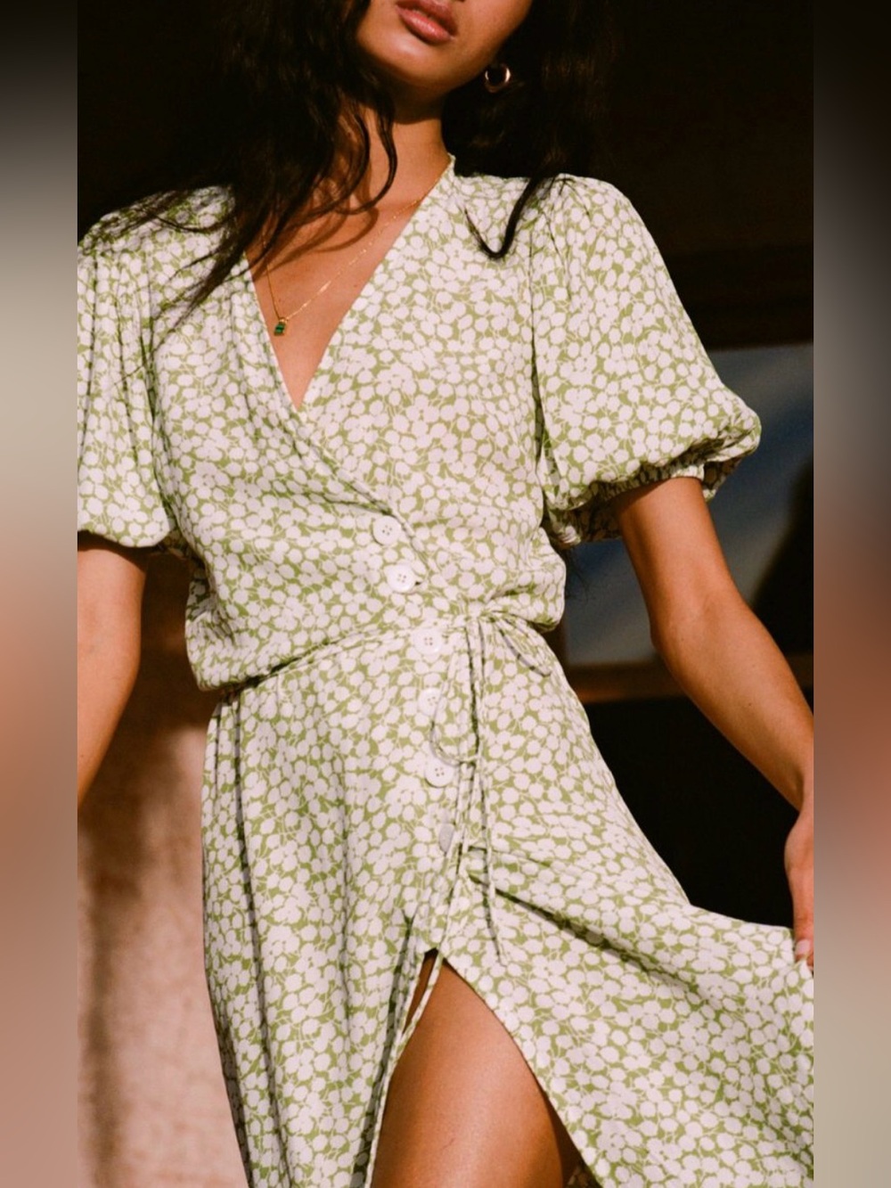 Light Green Floral Wrap Midi Dress